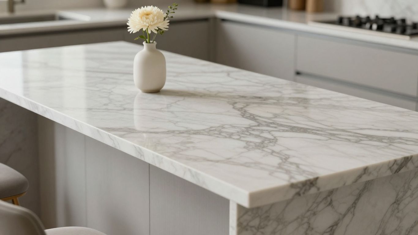 Marble kitchen island with elegant veining.
