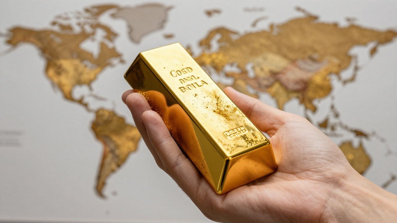 一只金手握着一块金条，上面印着模糊的世界地图。