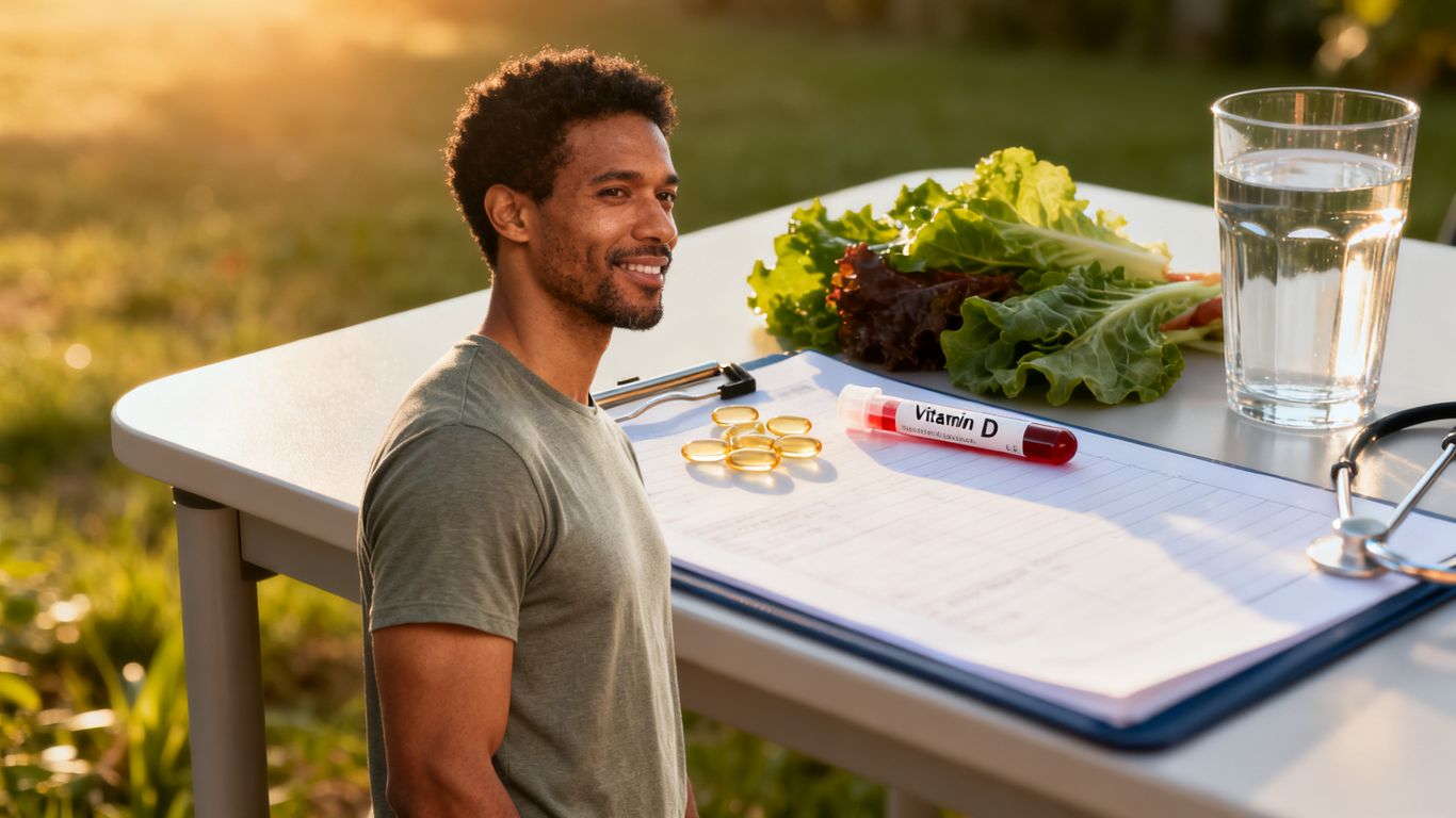 Photographic scene of sunlight, blood testing, and healthy lifestyle