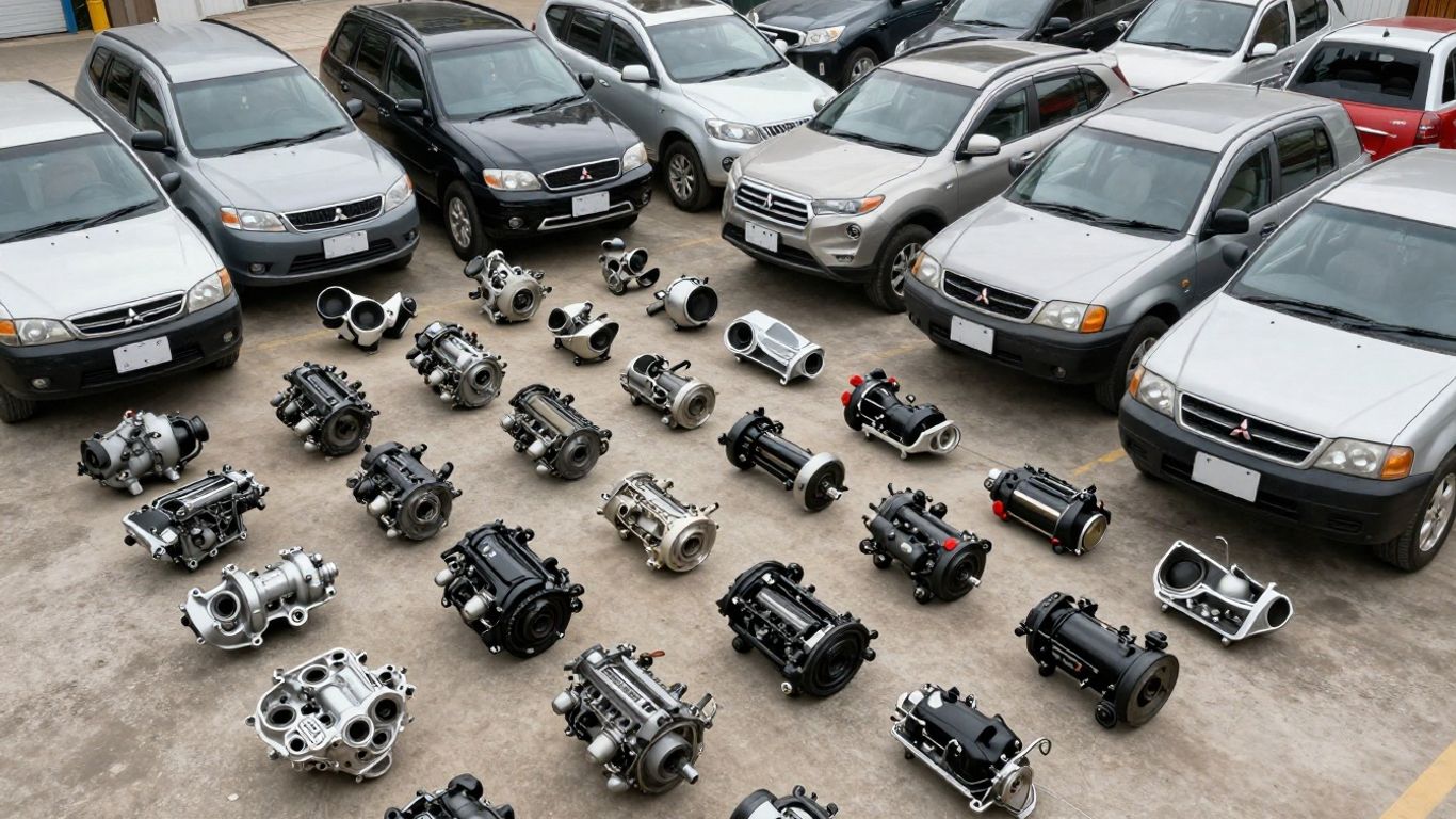 Mitsubishi car parts and vehicles at a wrecking yard.