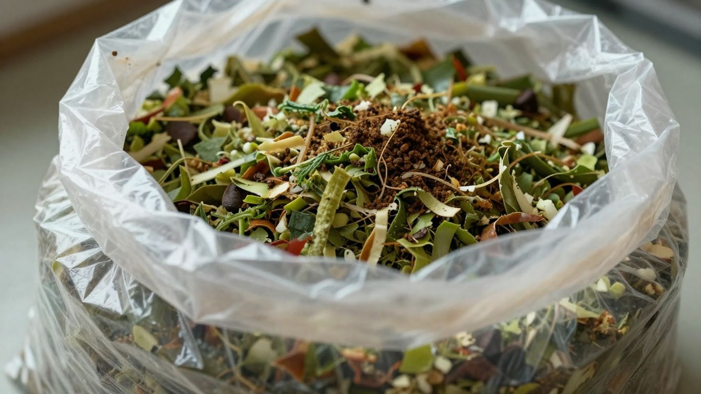 Large compostable bag filled with kitchen scraps.