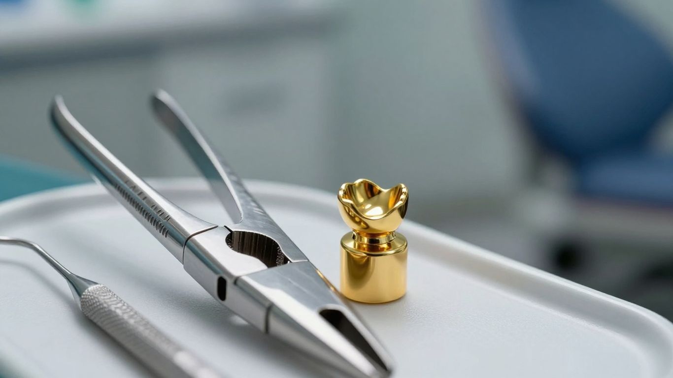Vente d'or dentaire : outils et couronnes en or.