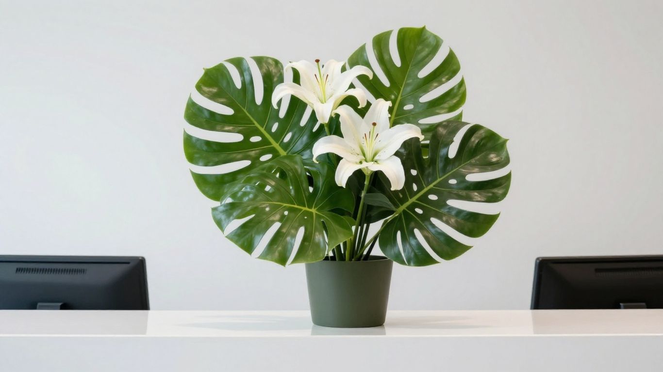 Corporate reception desk with floral display