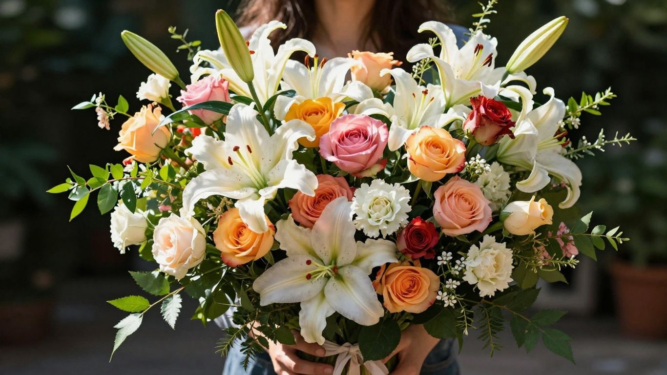Colorful birthday bouquet with roses and lilies.
