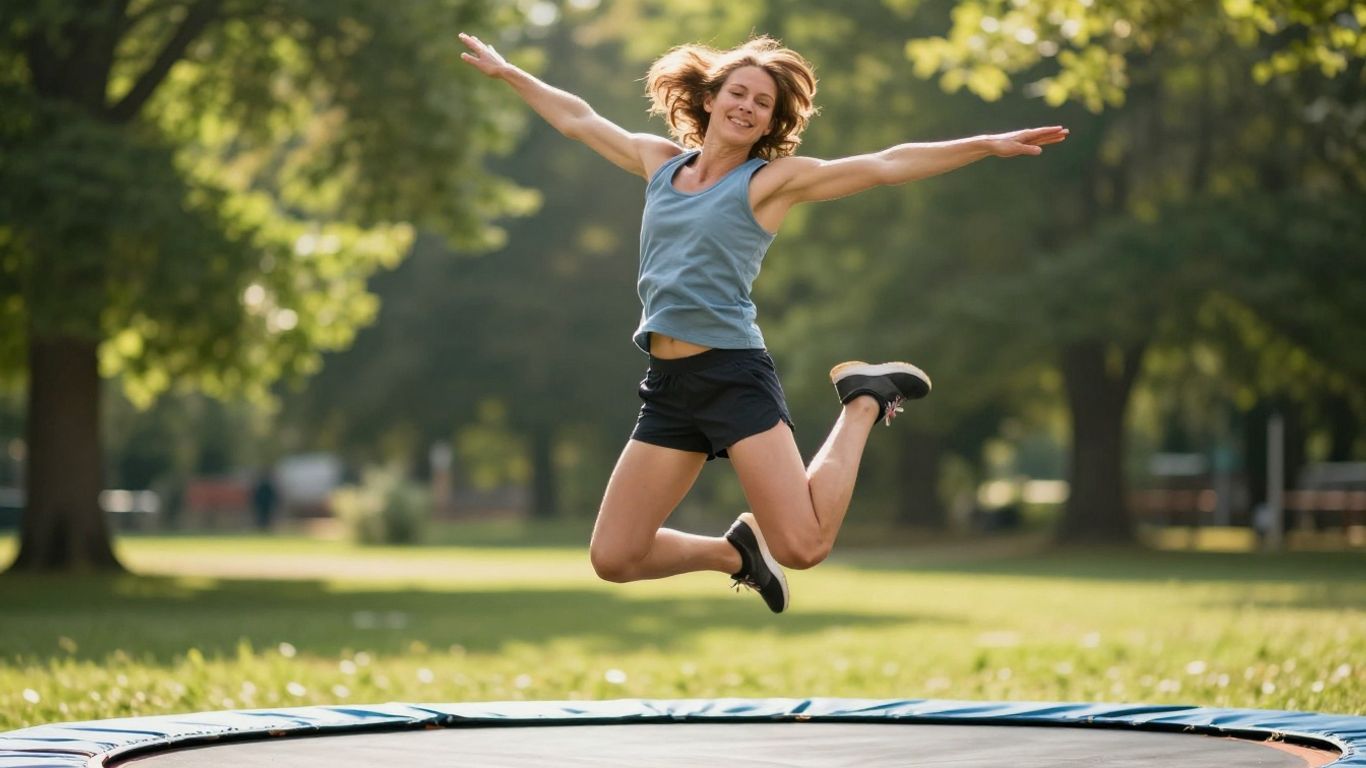 Adult joyfully jumping high on an outdoor trampoline.