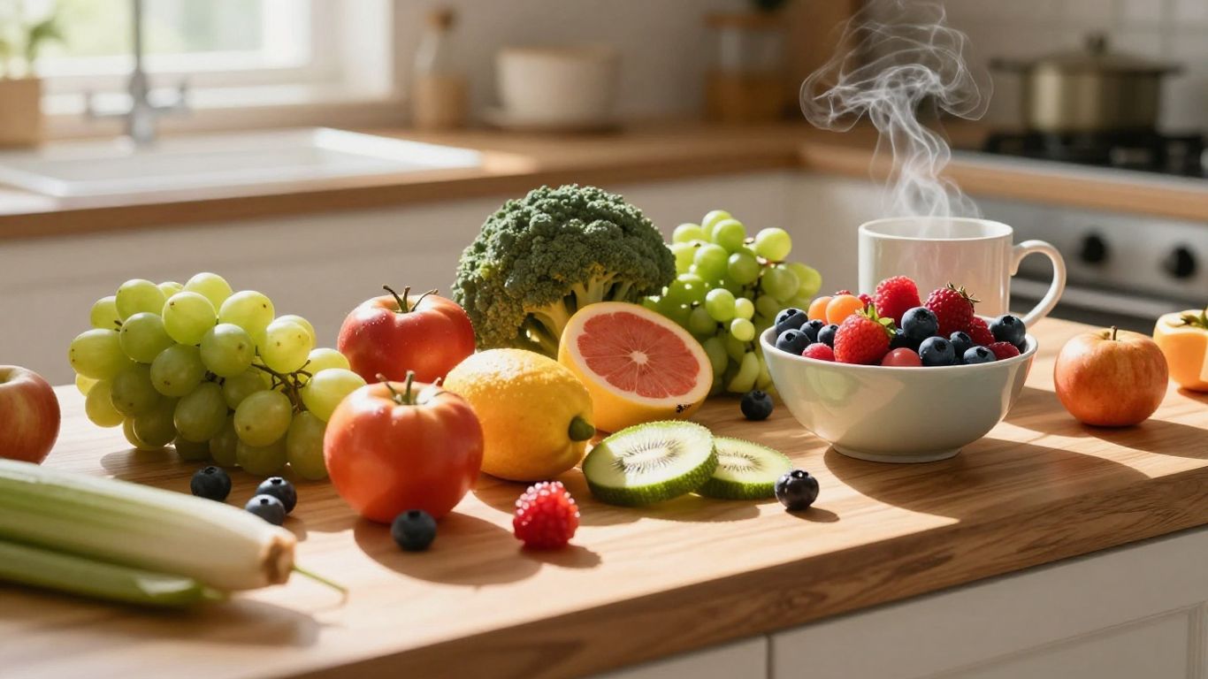 Frisches Obst und Gemüse in sonniger Küche