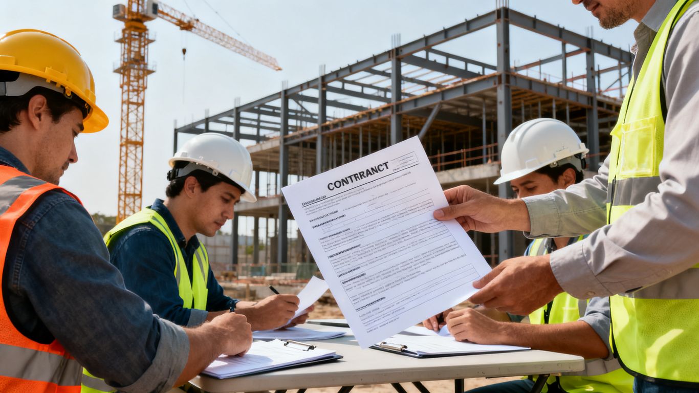 Construction managers reviewing insurance documents onsite