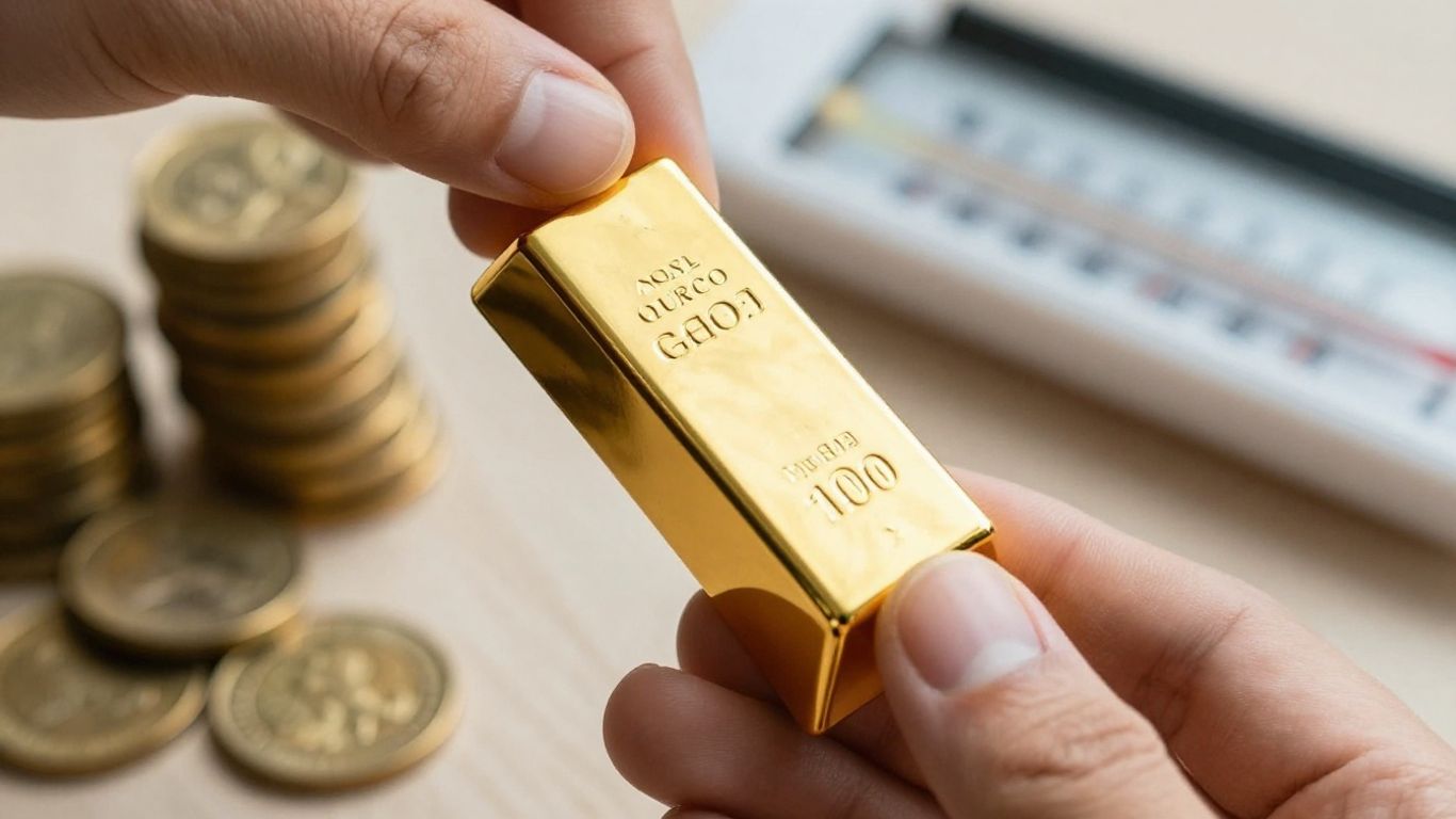 Main d'or tenant une barre d'or, symbole d'investissement.