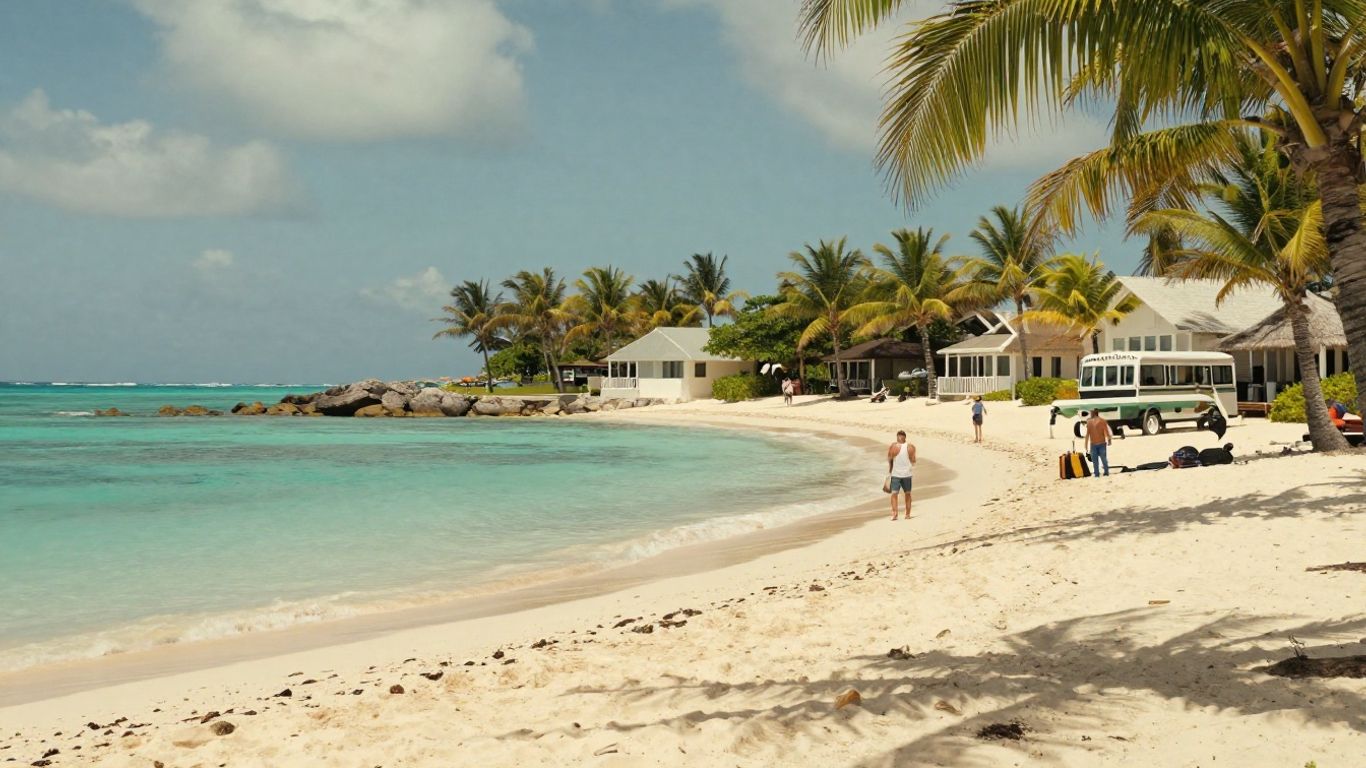 Tropical resort beach with travelers relaxing