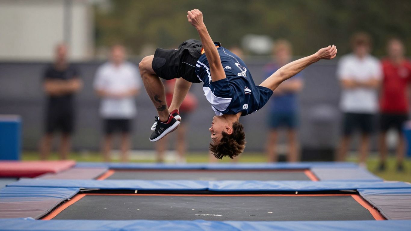 Person performing a backflip on a trampoline.