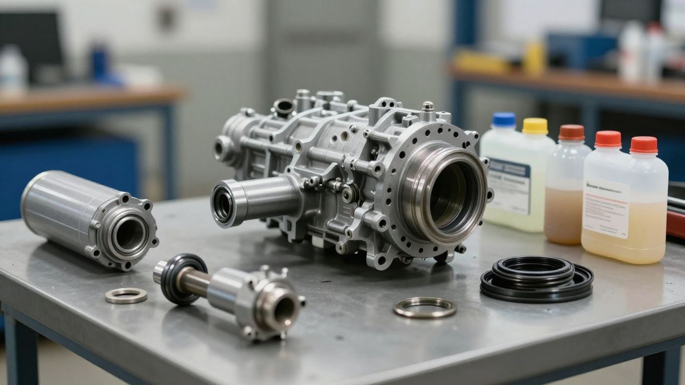 Gearbox replacement parts beside vehicle lift
