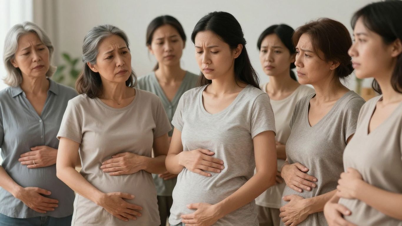 Women experiencing menstrual discomfort with hopeful expressions.