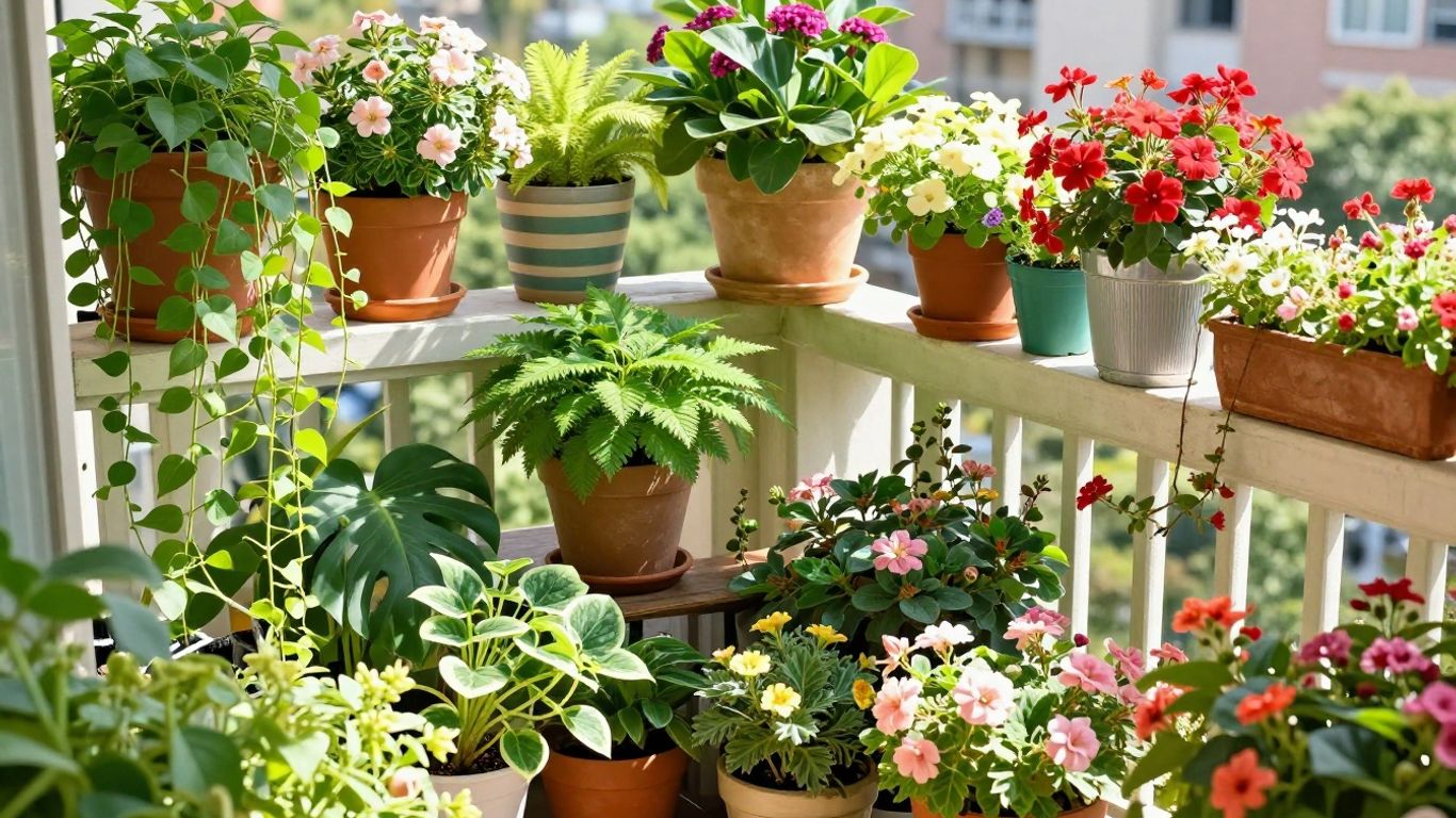 Balkon mit vielen Pflanzen und Blumen