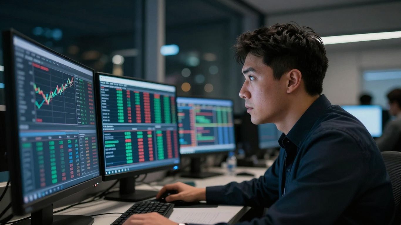 Forex trader focused on currency market screens.