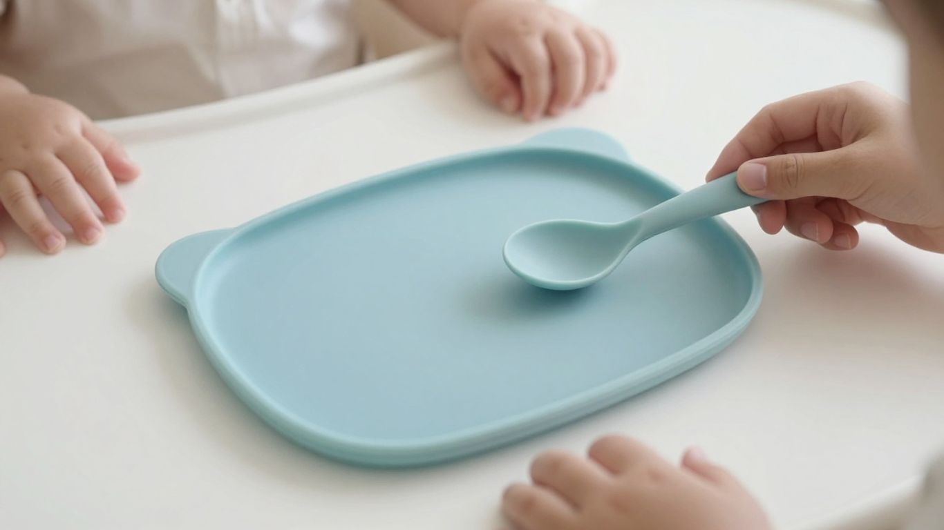Bebé usando plato de silicona estable
