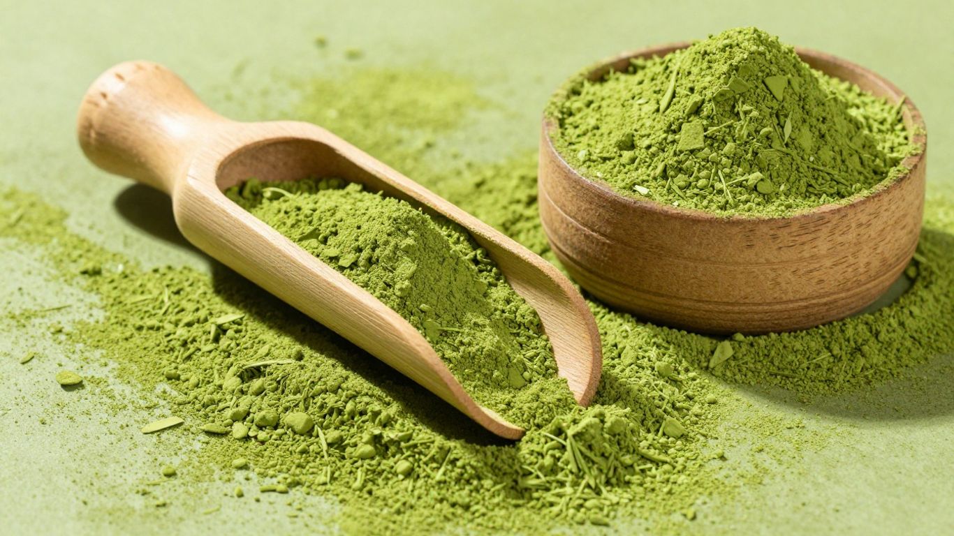 Scoop and bowl filled with vibrant green matcha powder.