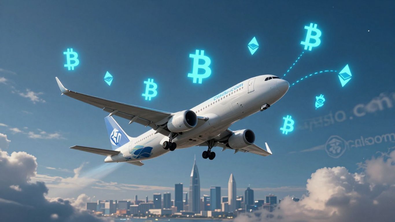 Emirates plane with crypto symbols flying over UAE skyline.