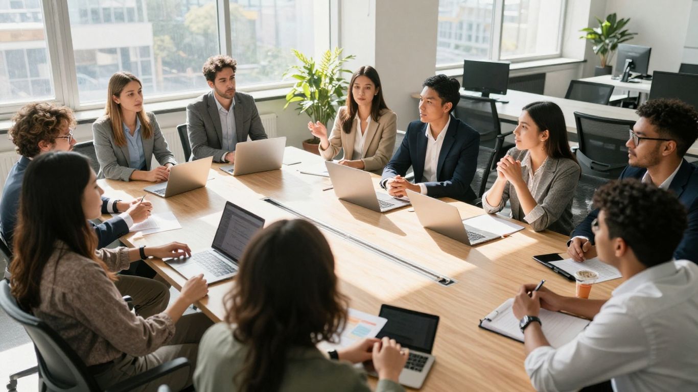 Personas discutiendo en una oficina moderna.