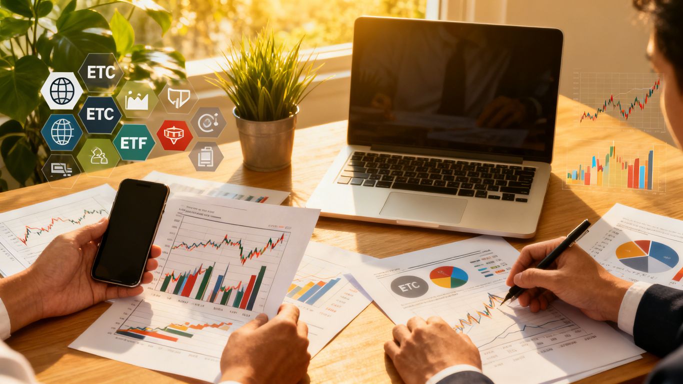 People analyzing stocks and ETFs at modern office desk