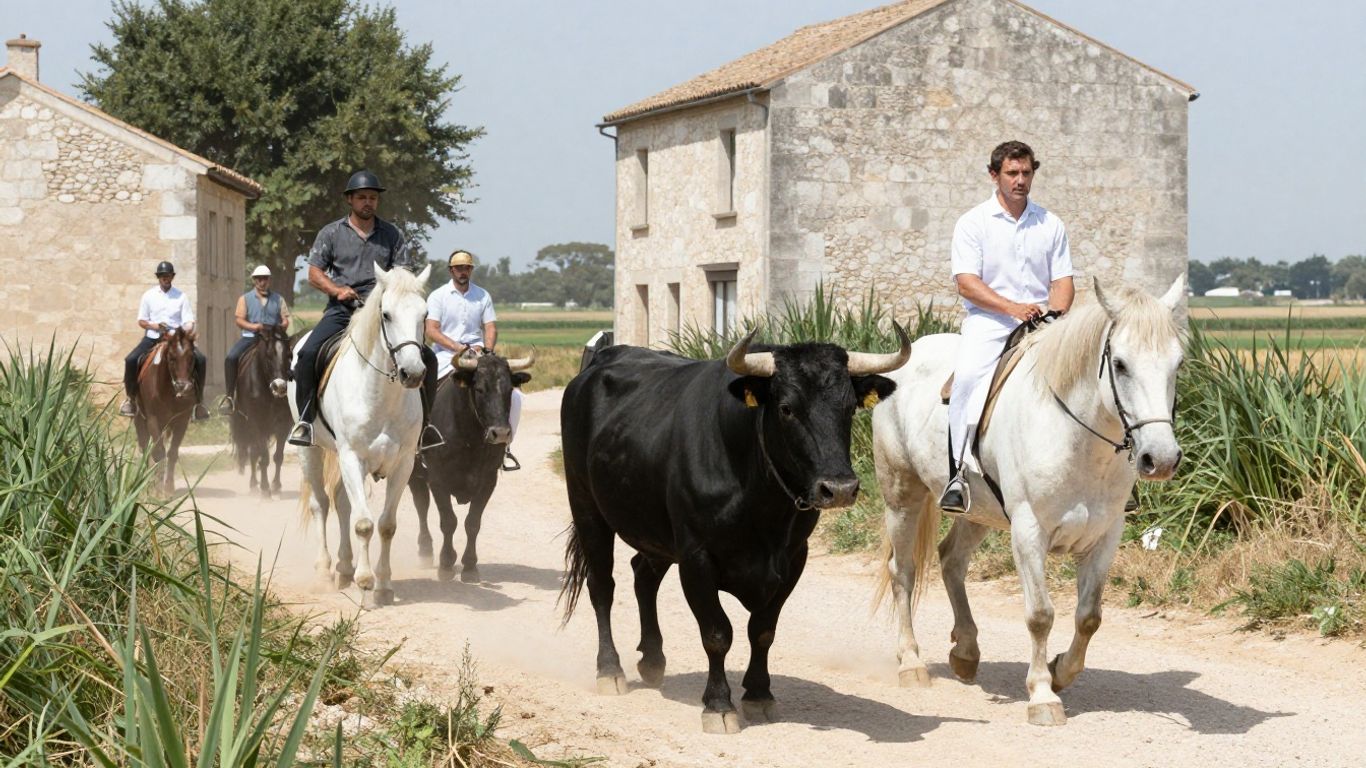 Camargue bulls guided by mounted guardians