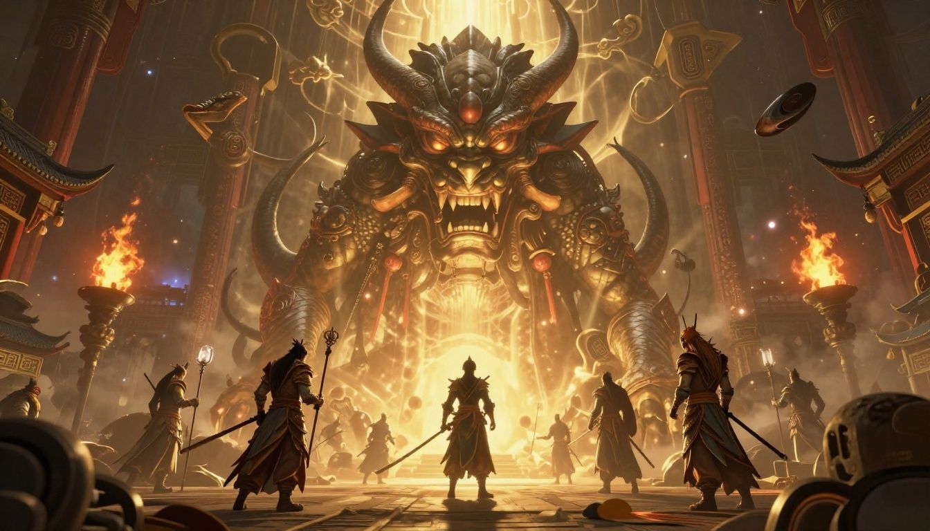 O Destinado enfrentando uma criatura colossal em uma arena de fantasia inspirada na mitologia chinesa
