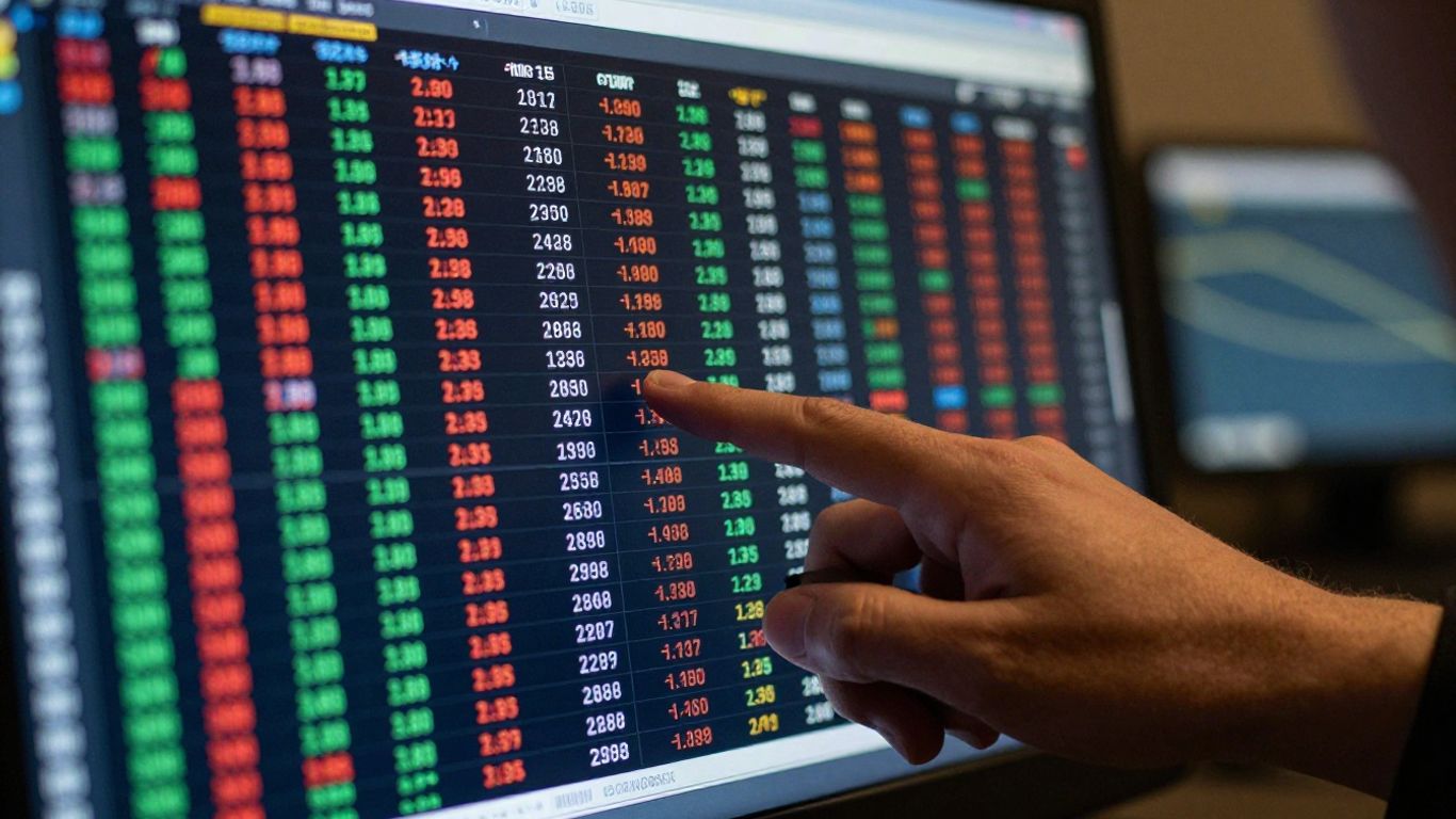 Trading charts on a computer screen with a hand on a mouse.