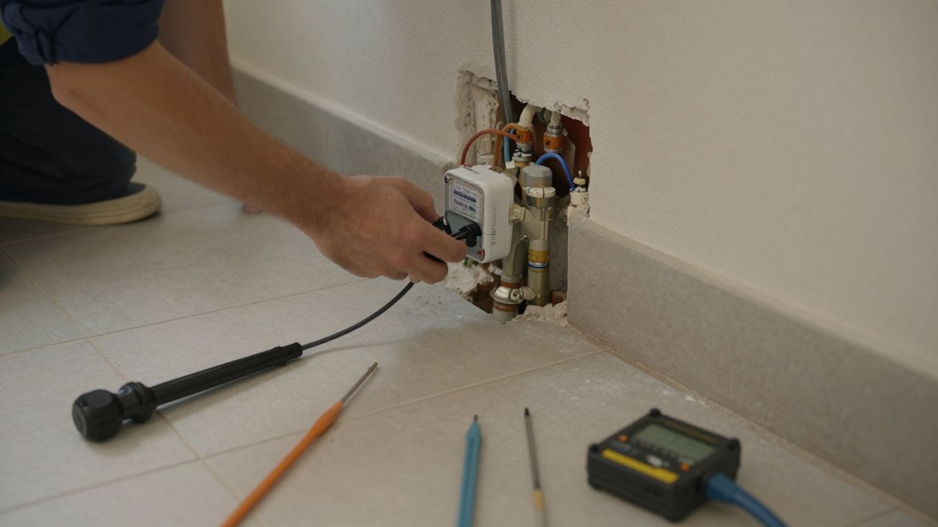 Technician examining plumbing beneath flooring