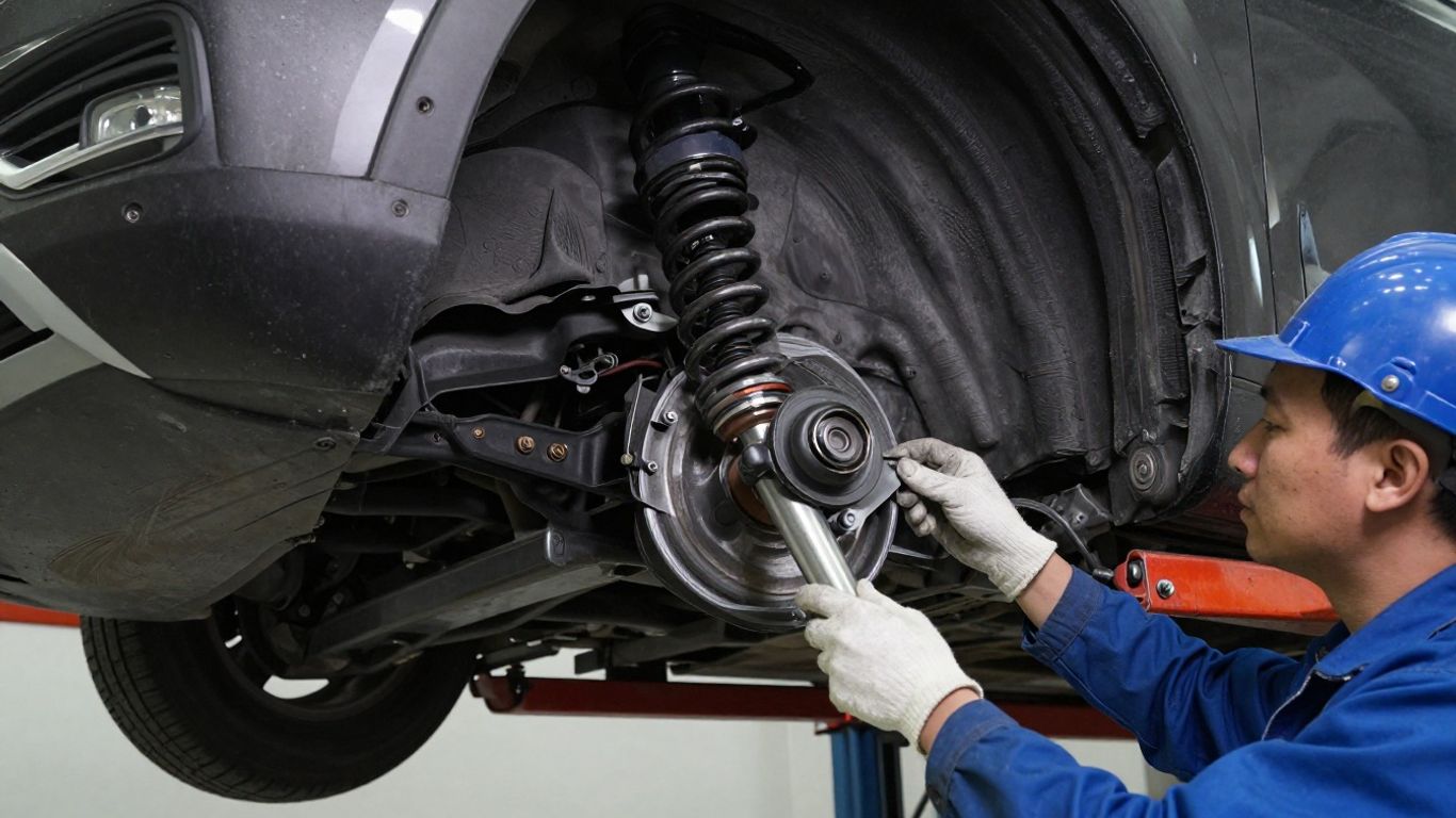 Technician inspecting vehicle suspension underneath