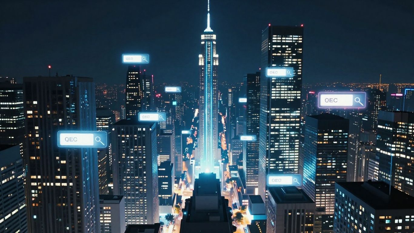 Digital cityscape with search engine icons and data streams.