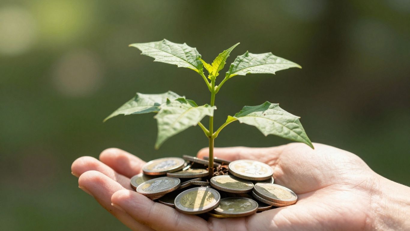 Hand holding plant growing from coins, symbolizing investment growth.