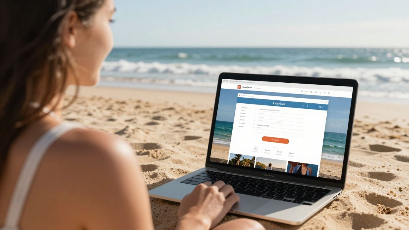 Australian beach with person and online store on laptop.