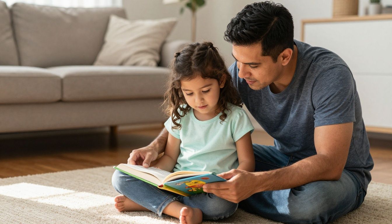 A Hispanic father and his young daughter sit on a living room floor in the warm afternoon light, looking together at a children's storybook Bible.