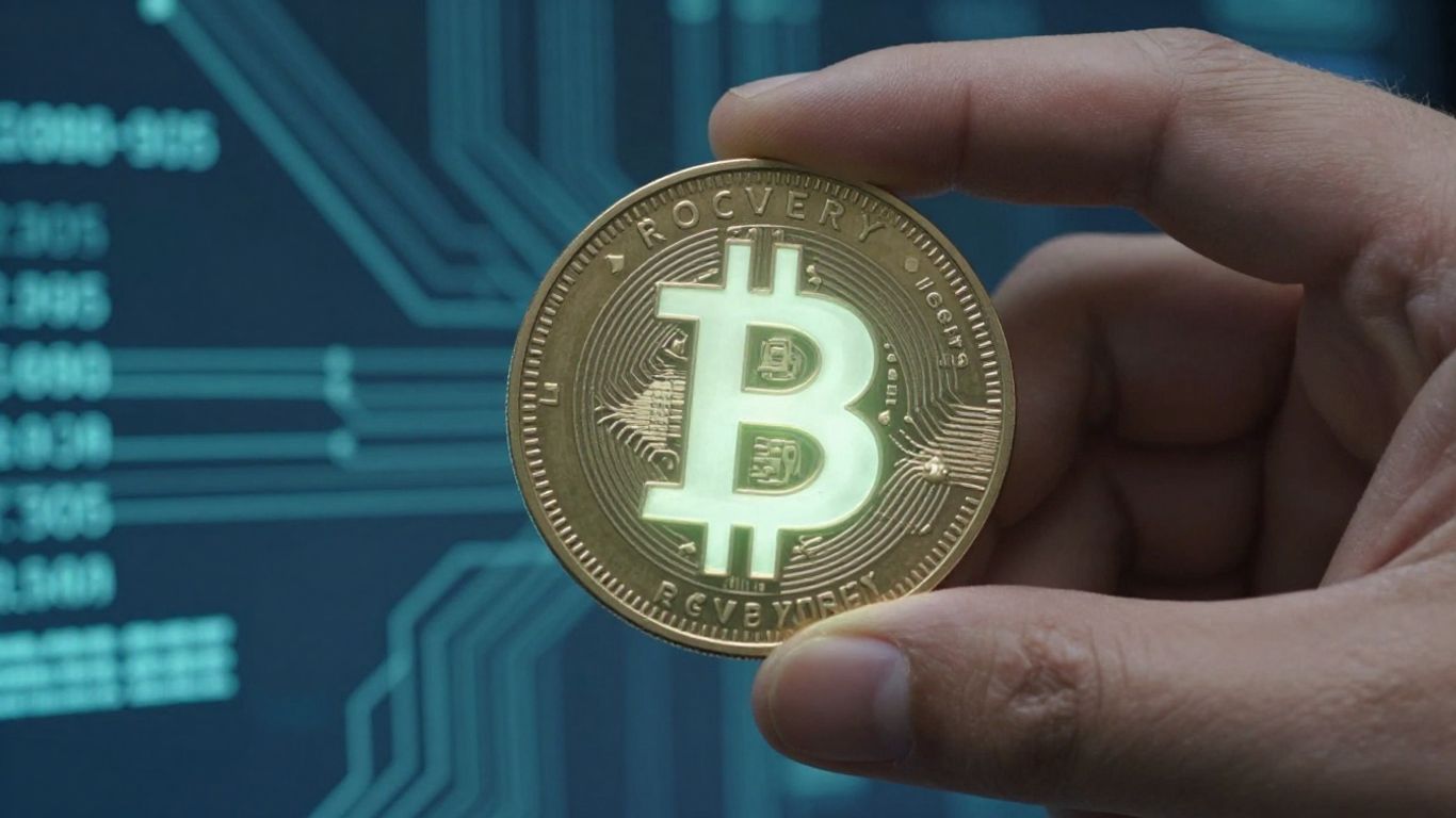 Hand holding glowing digital coin, digital recovery concept.