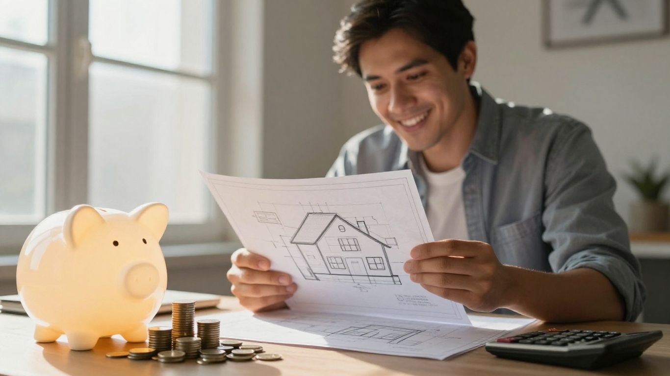 Homeowner with piggy bank and calculator.