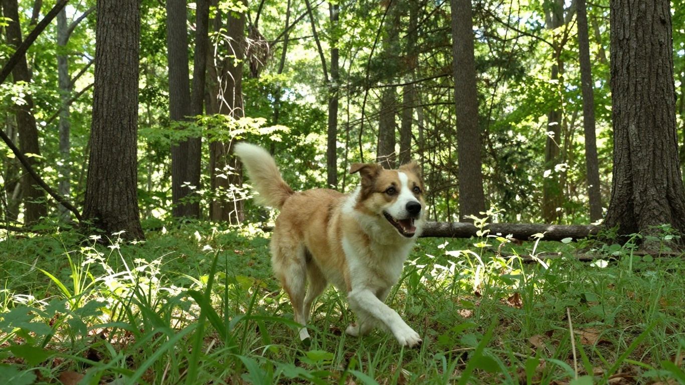 Dog running off-leash in a forest clearing.