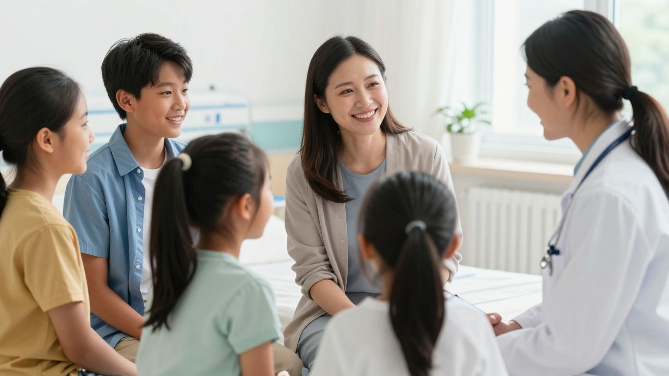 Family and doctor in a hospital room.