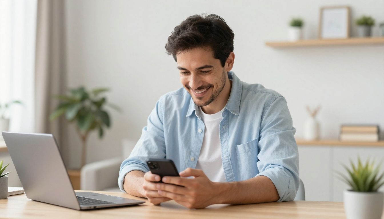 A motivated man in a clean, brightly lit home office using a smartphone app to track his daily health protocols and progress metrics, symbolizing metabolic awareness and consistent habits.