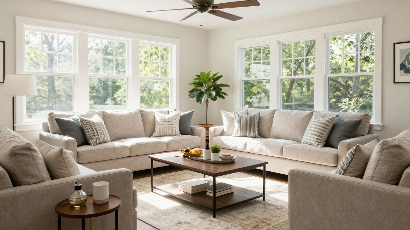 Stylish furniture in a bright Asheville living room.