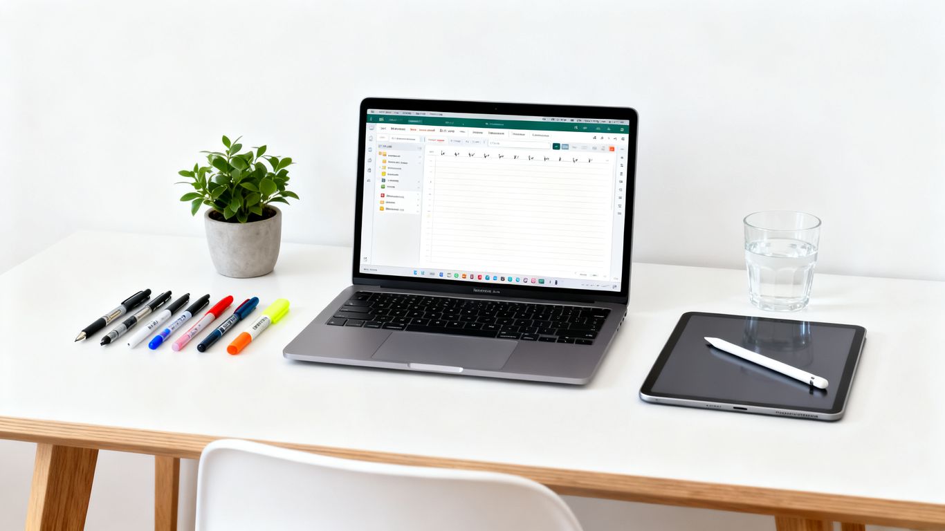 Laptop with note-taking app open on a desk.