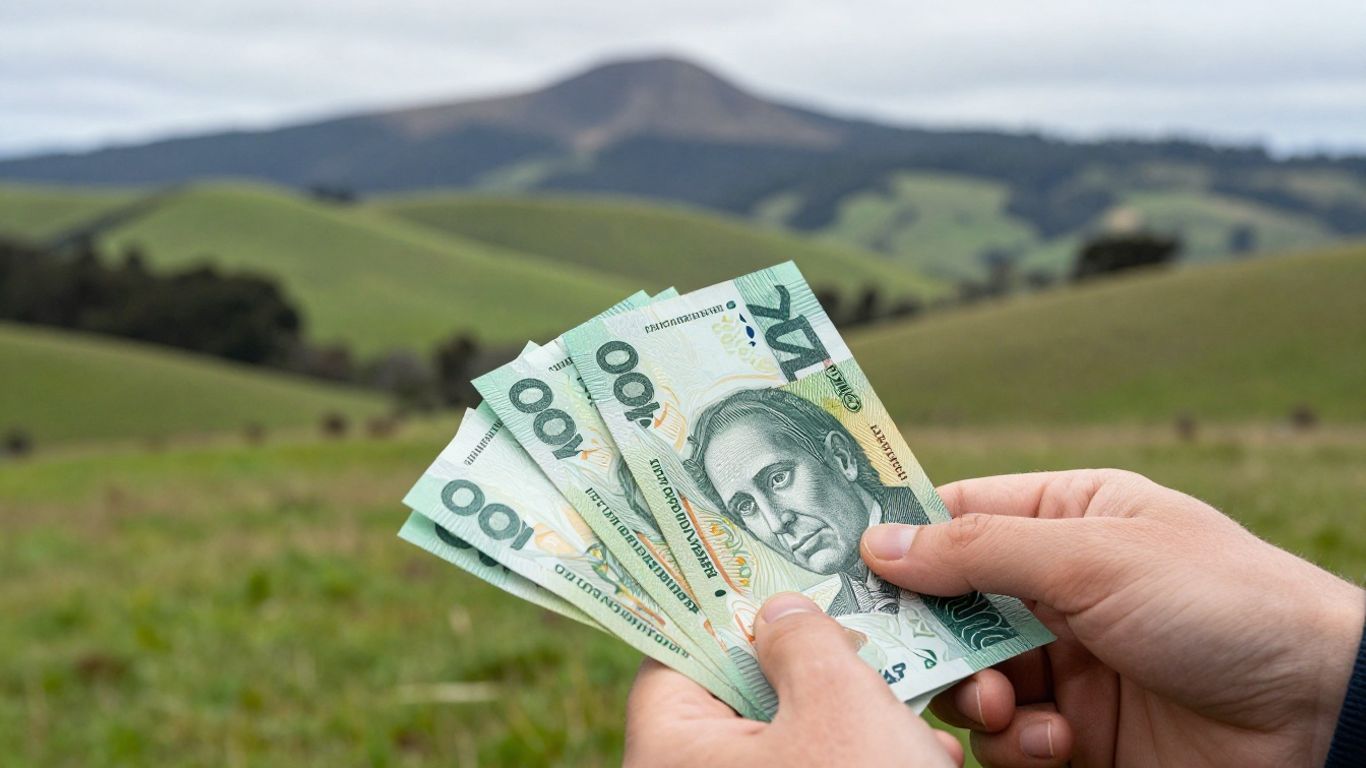 Money and New Zealand landscape.