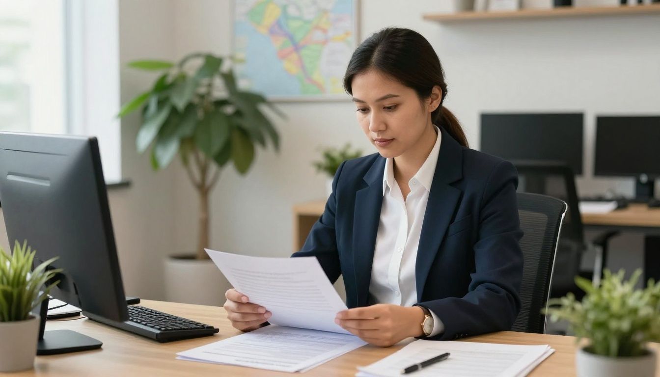 Profissional de sucesso analisando plantas, mapas e contratos imobiliários em um ambiente de escritório moderno, estilo corporativo, iluminação clara.