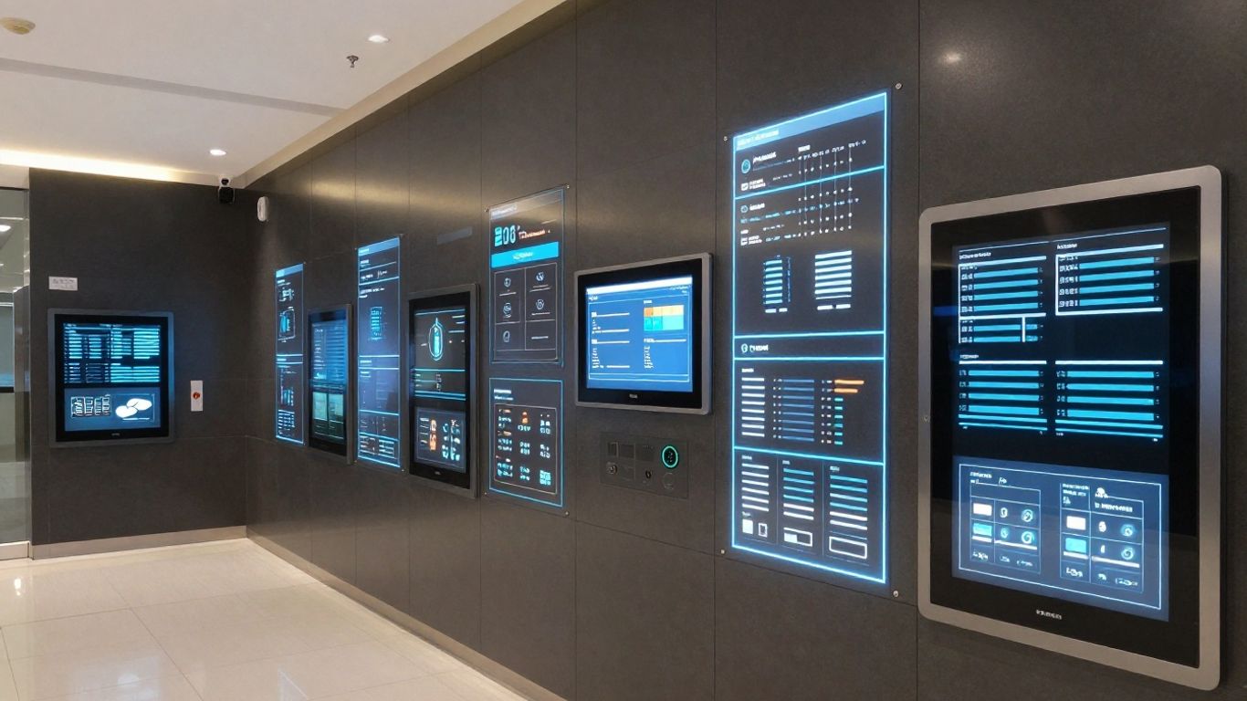 Bâtiment intelligent avec interfaces technologiques visibles.
