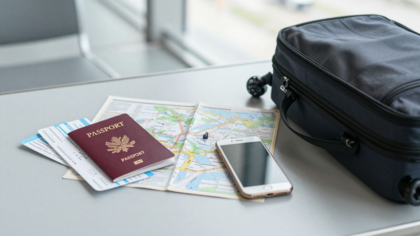 Traveler checking routes and entry documents at airport