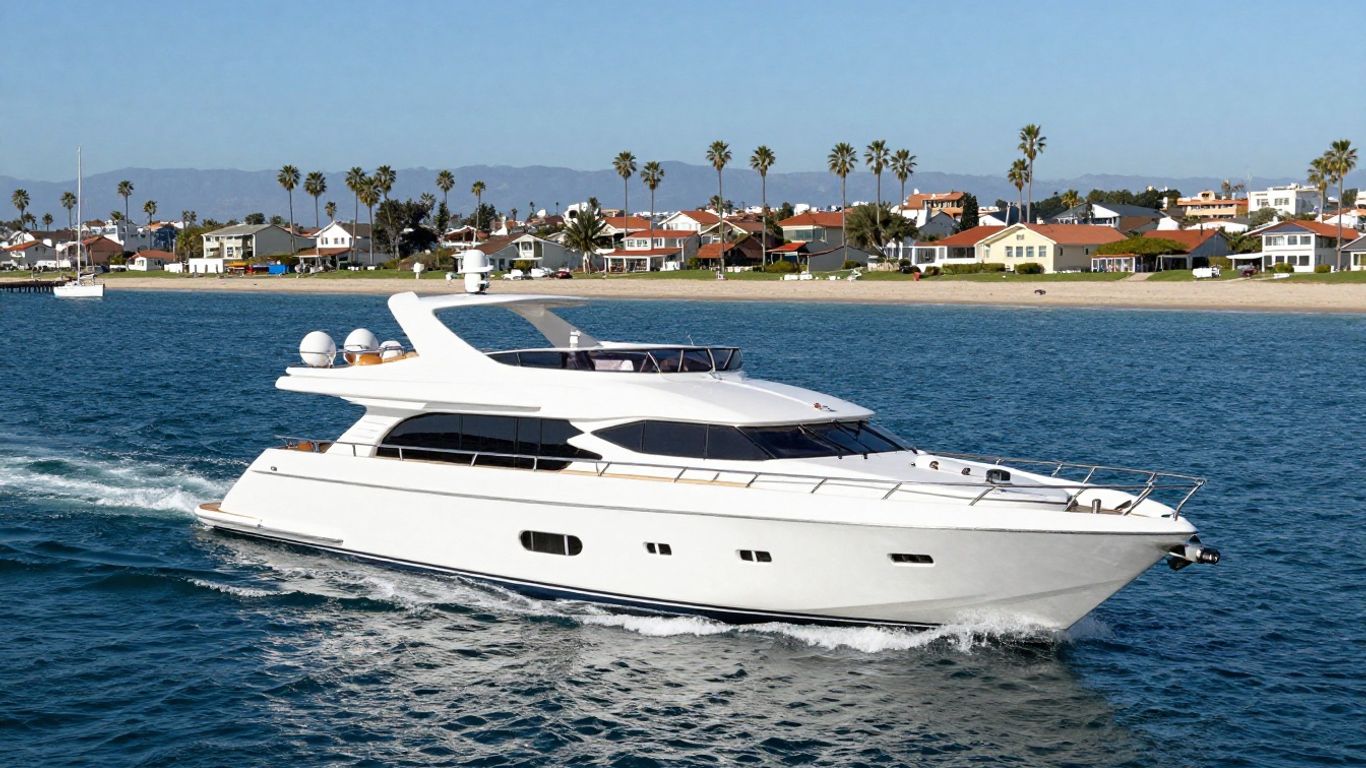 Luxury yacht sailing in Newport Beach waters.