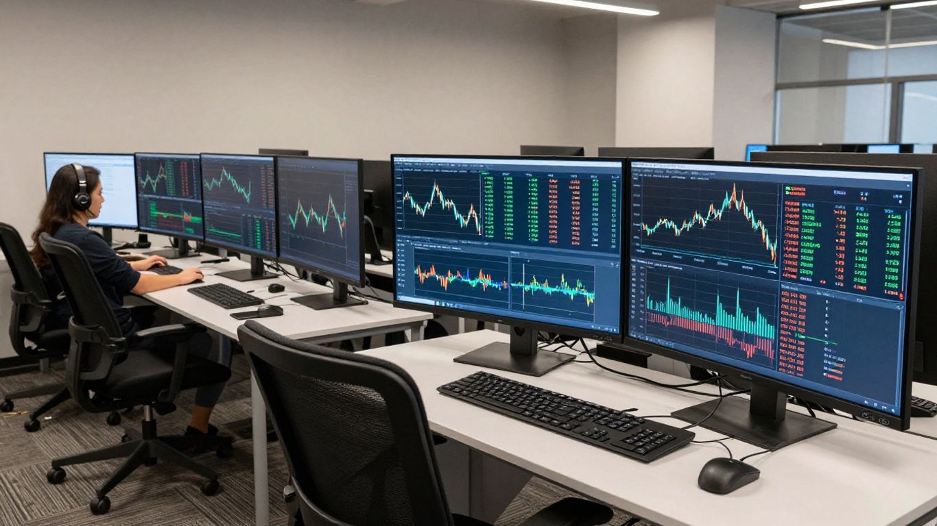 Modern trading desk with advanced financial data displays.
