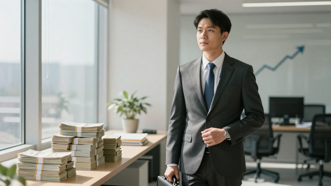 Successful insurance broker with money and upward trend.