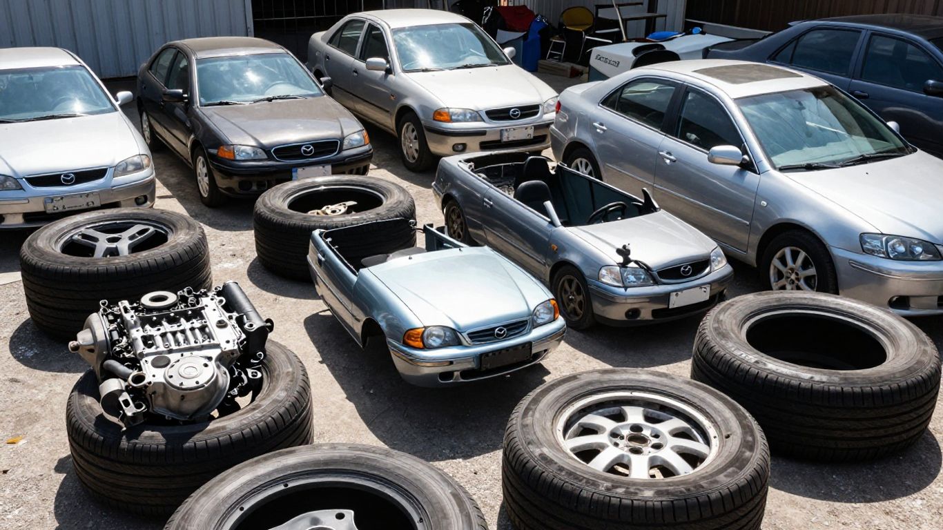 Mazda car parts at a wrecking yard.