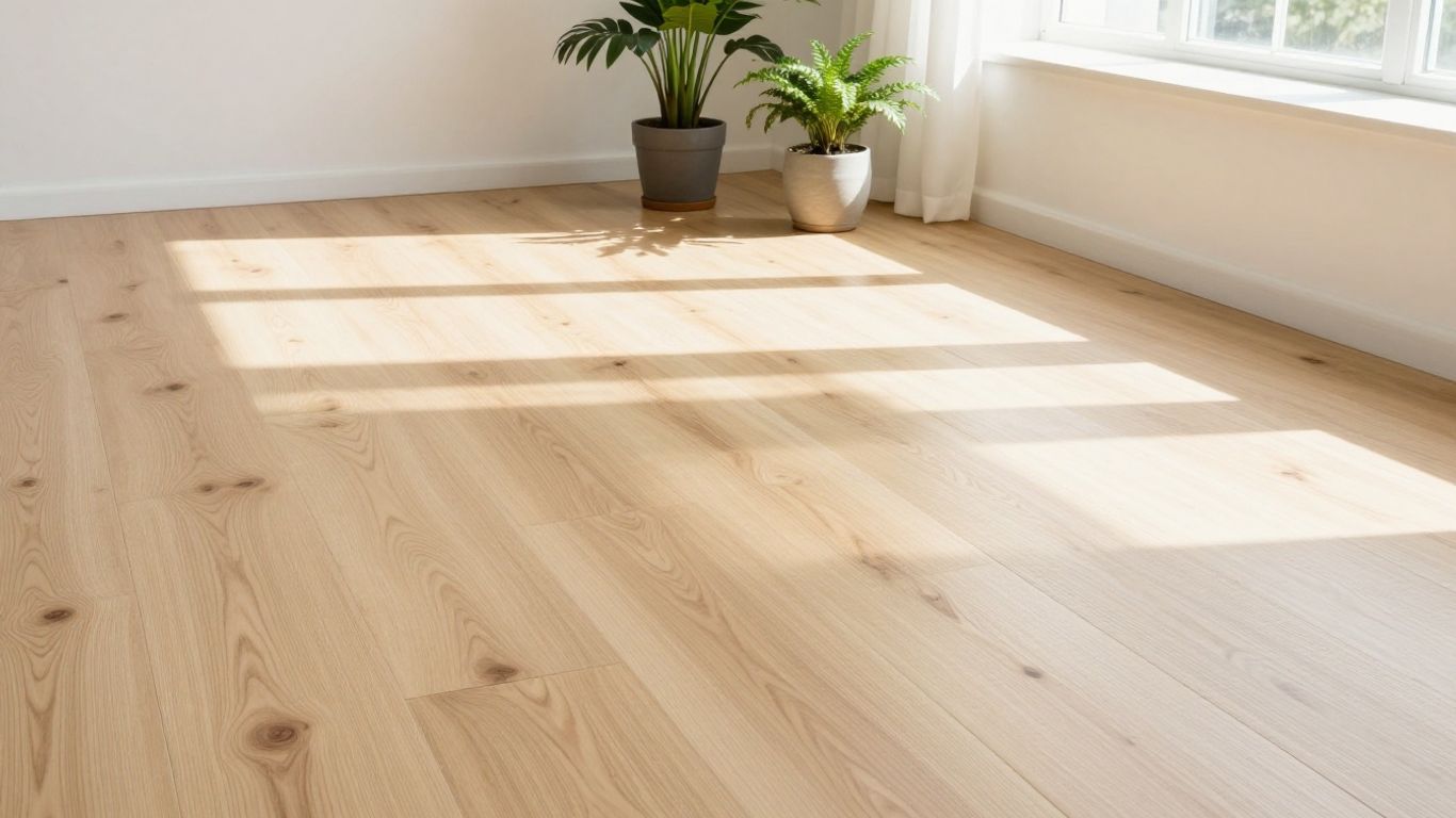 Bright room with new light wood plank flooring and plants.