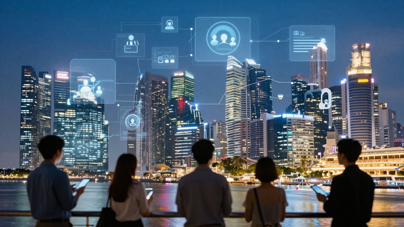 Singapore skyline with digital interfaces and people interacting.
