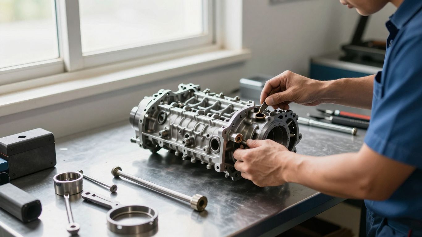 Mechanic inspecting a car transmission in a workshop.